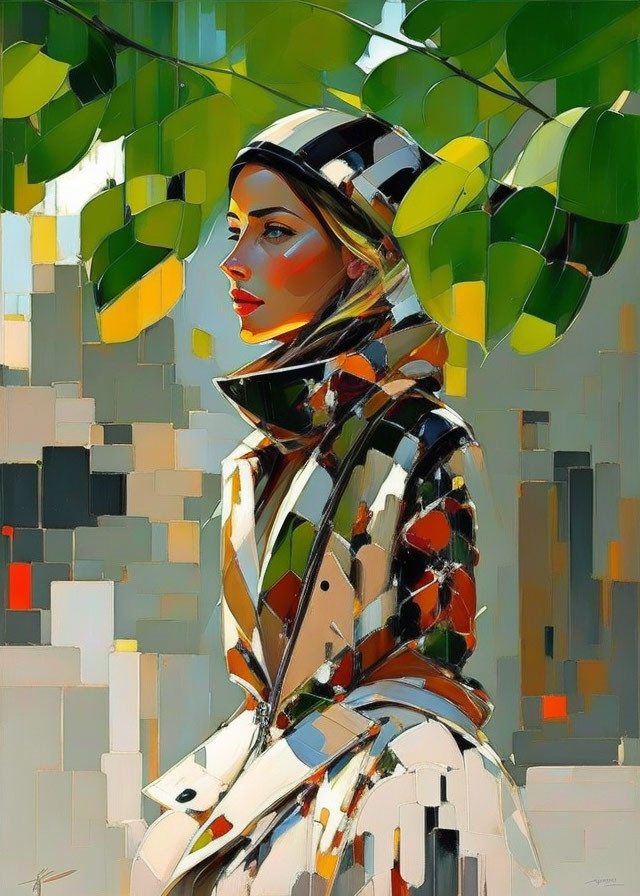 Vibrant Cubist Painting of Woman with Patterned Scarf