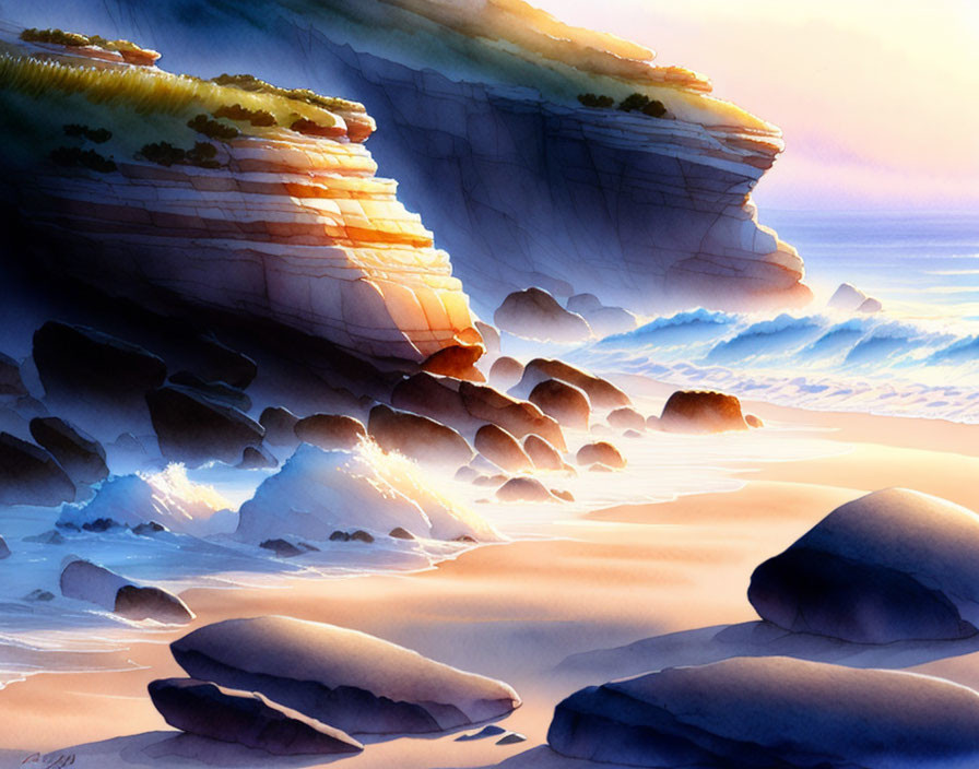 Tranquil beach sunset with waves, cliffs, boulders