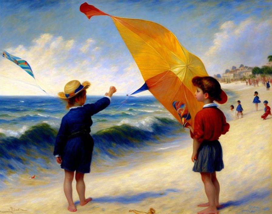 Children flying kites on sandy beach with large orange kite