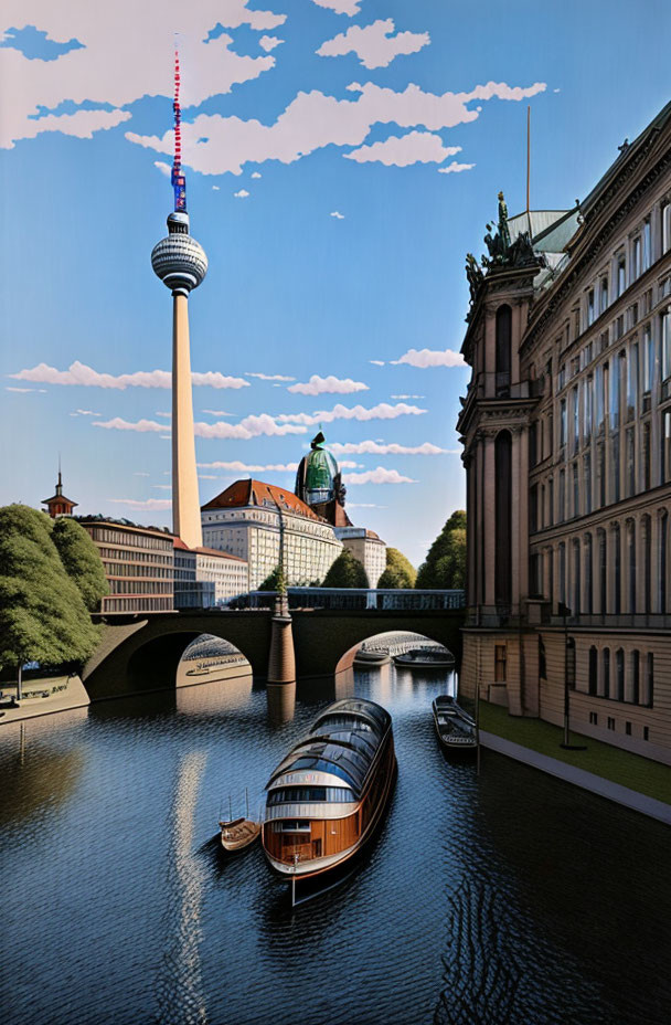 Berlin River Boat with TV Tower and Historic Buildings in Scenic View