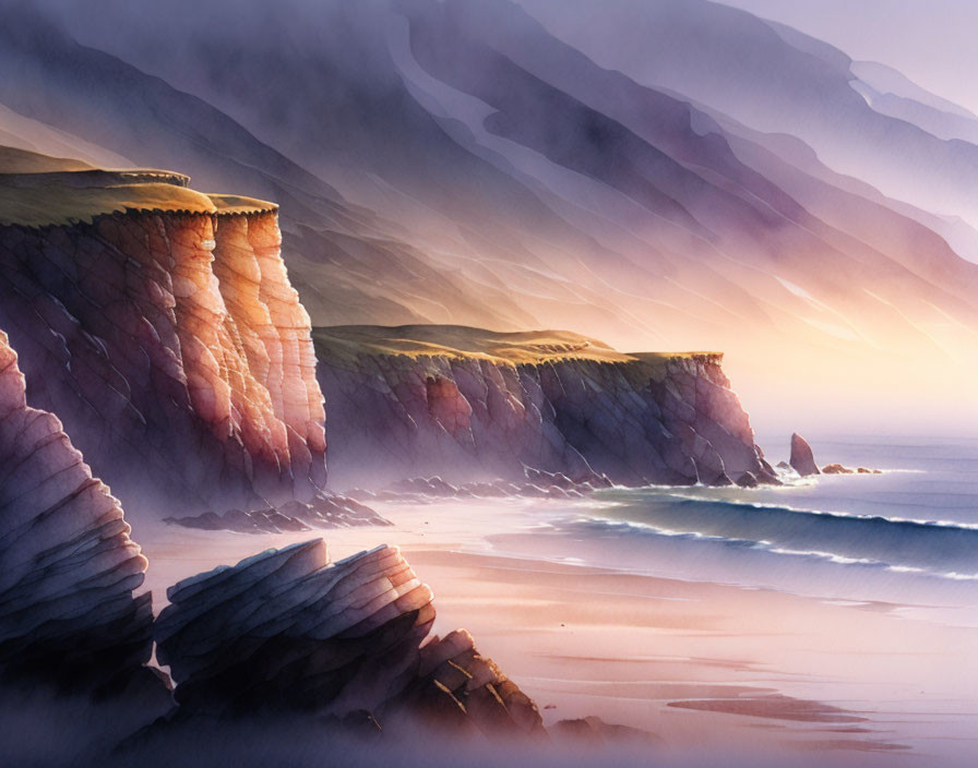 Scenic beach landscape with cliffs, sunlight, and gentle waves