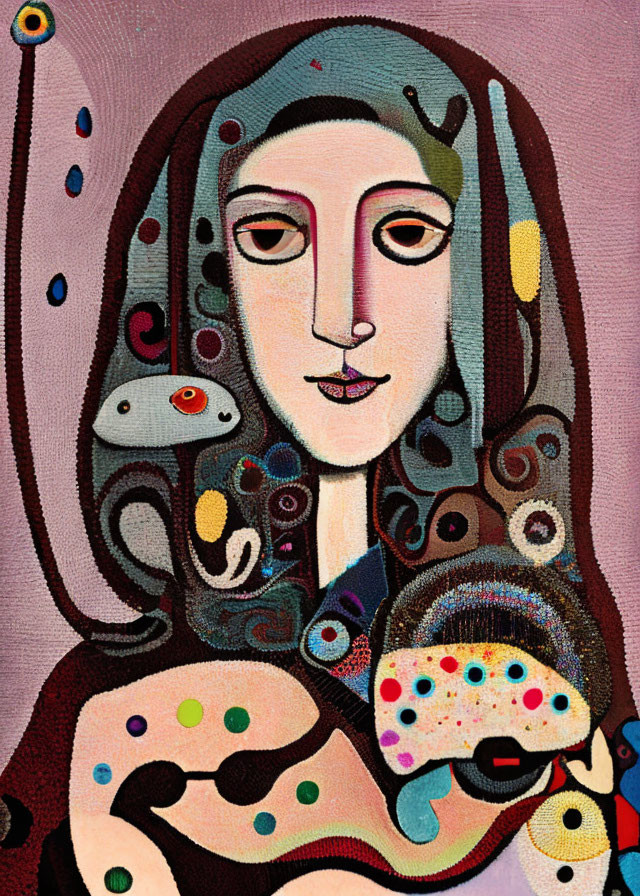 Abstract painting of stylized female figure with whimsical patterns