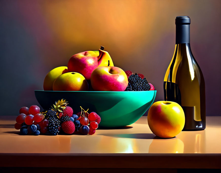 Assorted fruit bowl and wine bottle on table with warm gradient backdrop