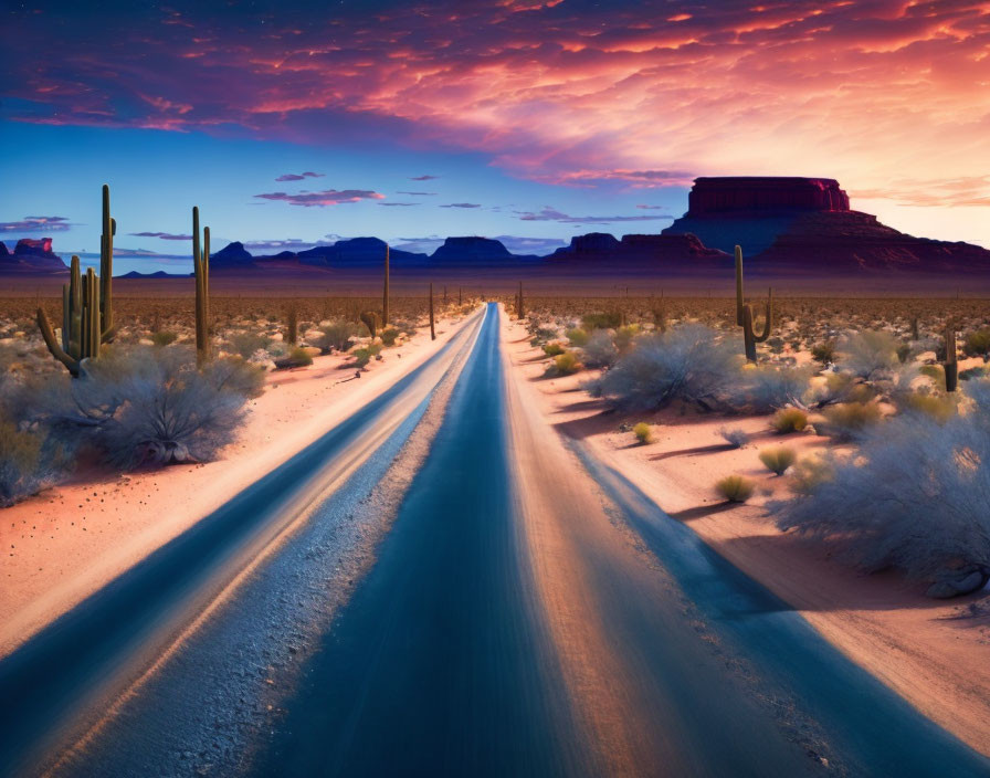 Straight Road Leading to Distant Mesas at Dusk