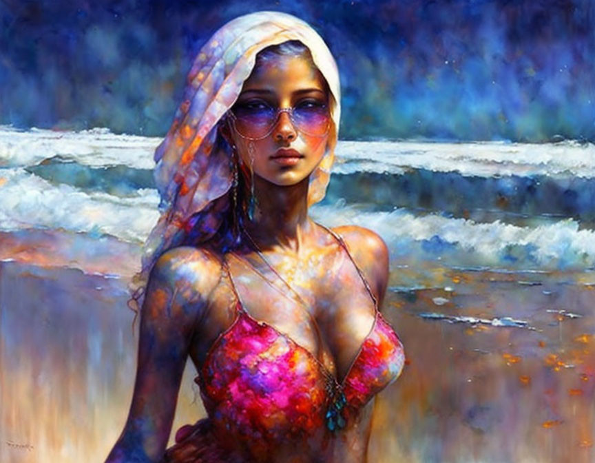 Woman with Scarf and Sunglasses in Vibrant Beach Scene