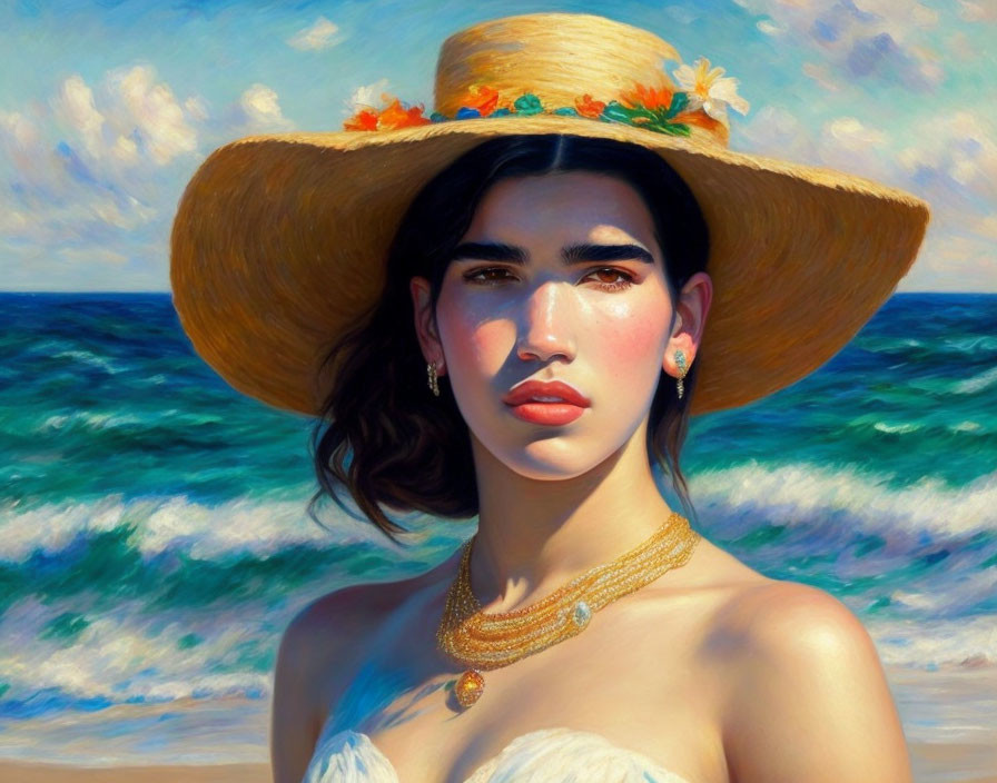 Woman in Broad Straw Hat and Off-Shoulder Dress by the Ocean