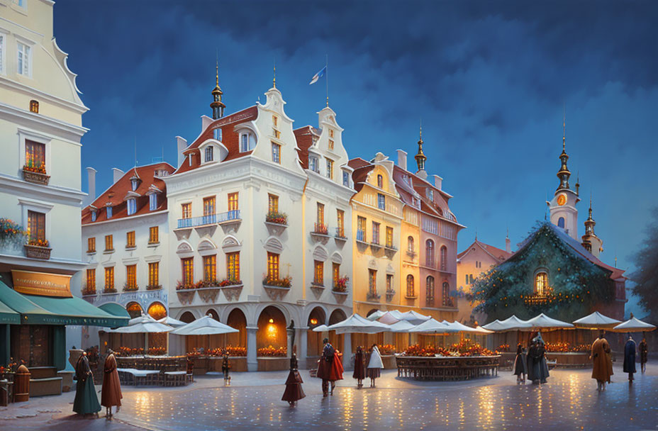 Twilight evening market with illuminated stalls and historic buildings