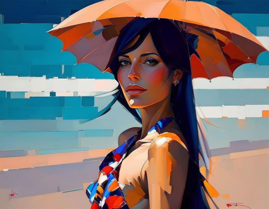 Colorful digital artwork of woman with orange umbrella