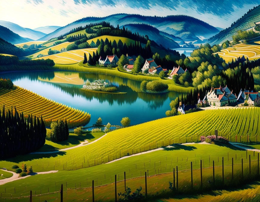 Scenic landscape with rolling hills, vineyards, river, houses, and greenery