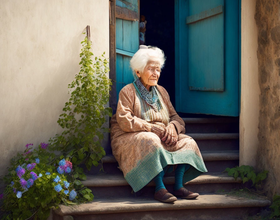 Elderly Woman with White Hair Sitting on Stone Steps by House with Blue Shutters in Sunlight