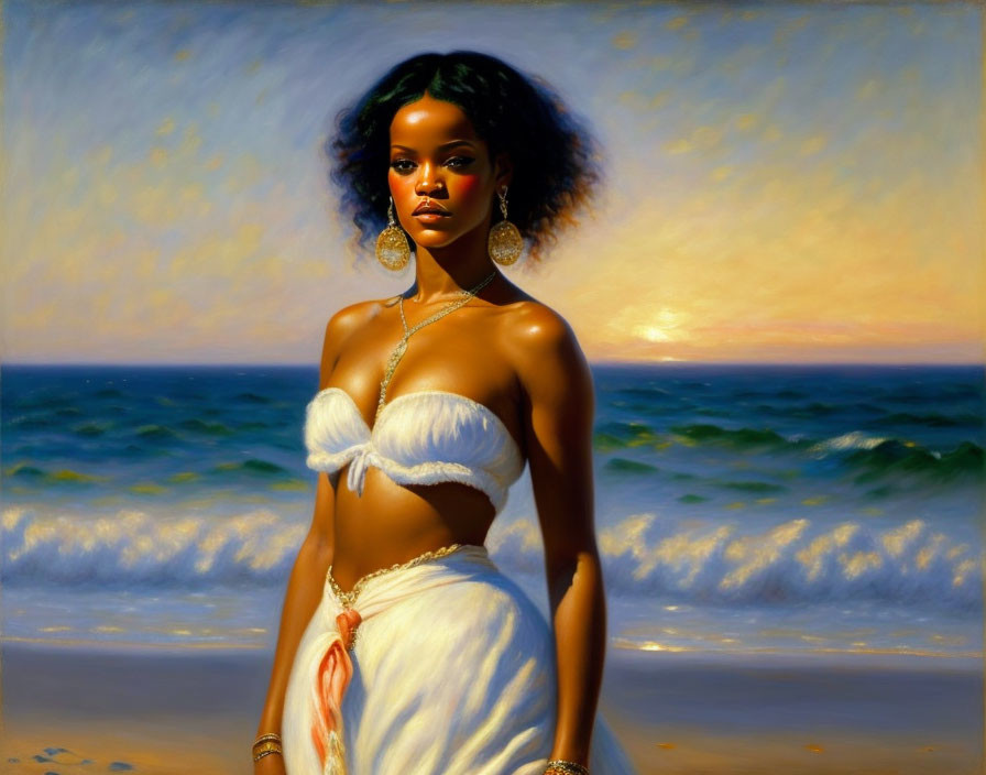 Woman in white outfit on beach at sunset with waves in background