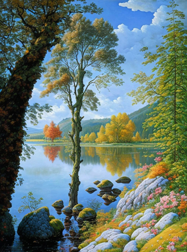 Tranquil autumn lake scene with colorful trees and stepping stones