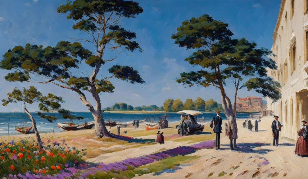 Vintage seaside scene with people in old-fashioned clothes near boats and trees.