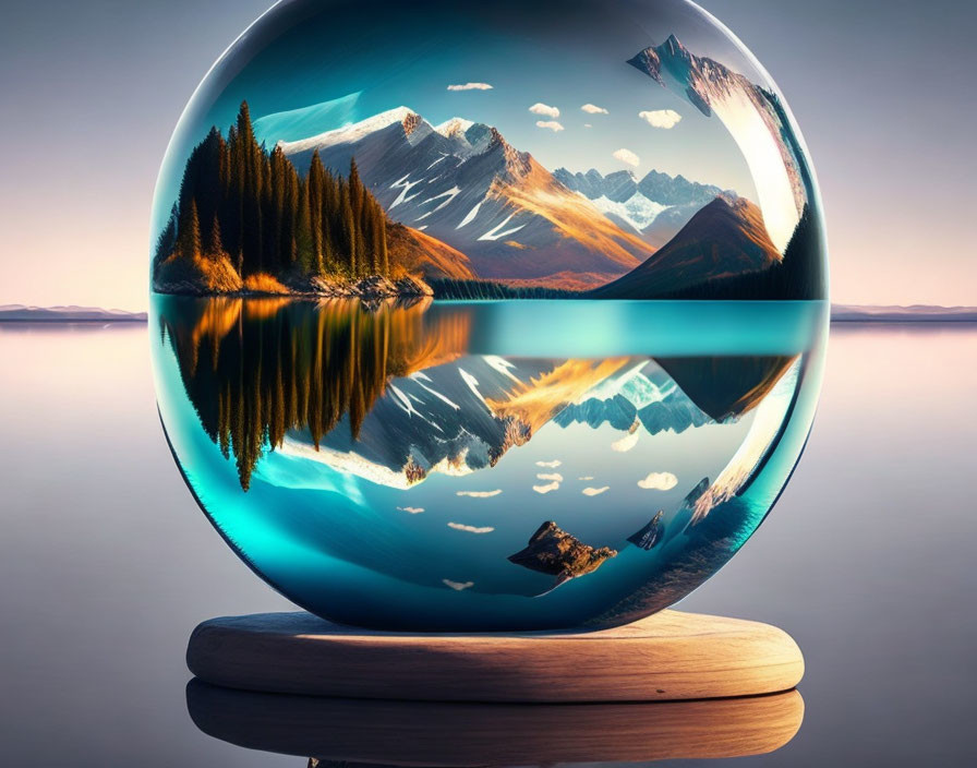 Autumn mountain landscape reflected in crystal ball on wooden stand