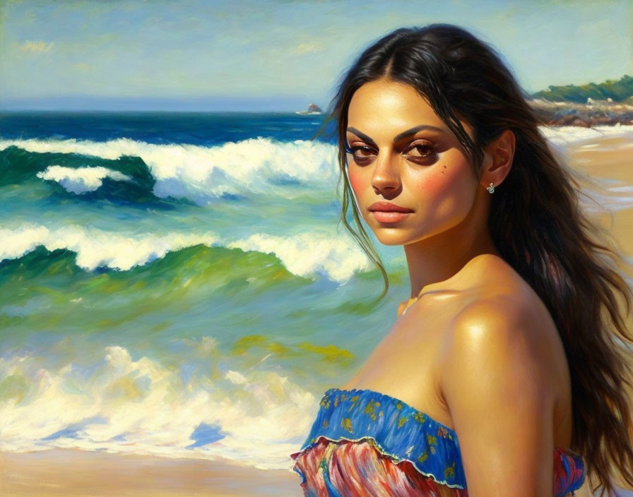 Serene woman painting on sunlit beach