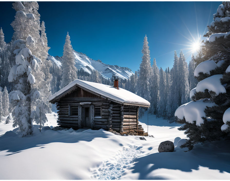 Snow-covered cabin in serene winter landscape