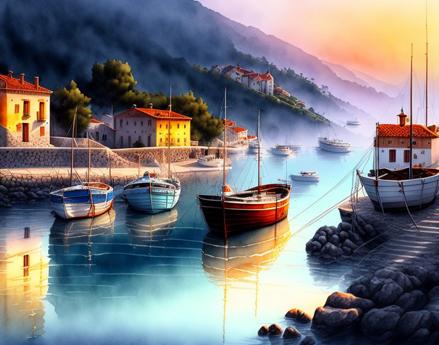 Harbor sunset scene: boats, calm water, colorful sky, coastal buildings, hills