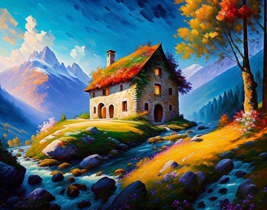 Colorful autumn landscape with stone house, red roof, river, and mountains