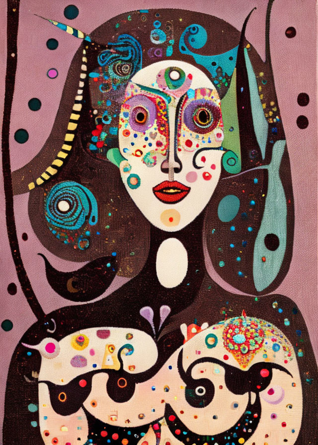 Colorful abstract painting of stylized female figure on brown background