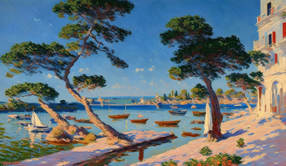 Colorful coastal painting with tall trees, blue sky, boats, and white building