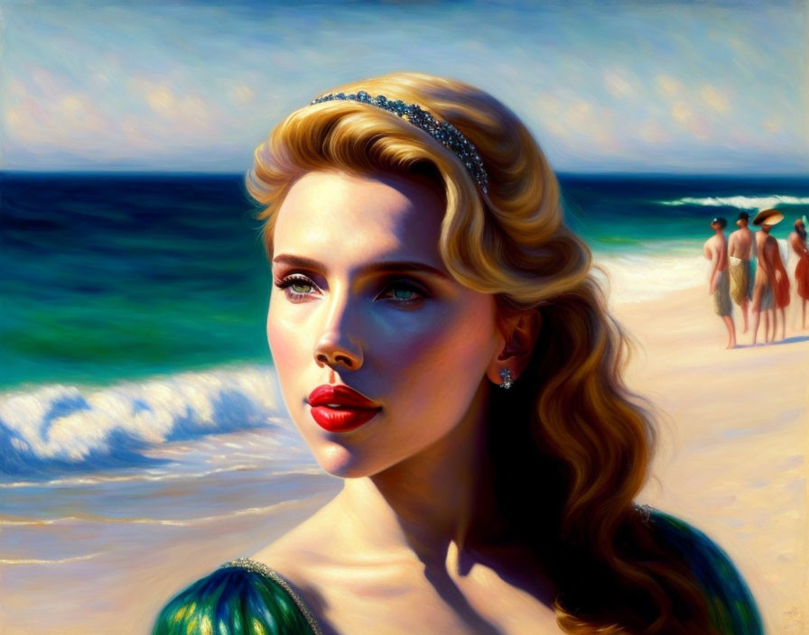 Woman with Red Lipstick and Tiara Surrounded by People on Beach