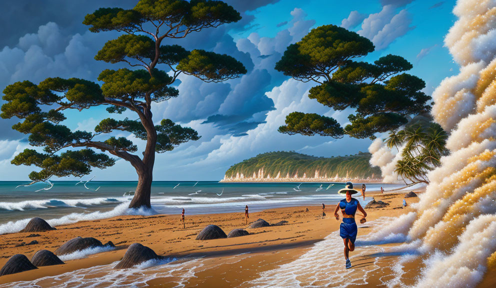 Person running on beach with pine trees, dynamic waves, seagulls, forest-covered island, cloudy