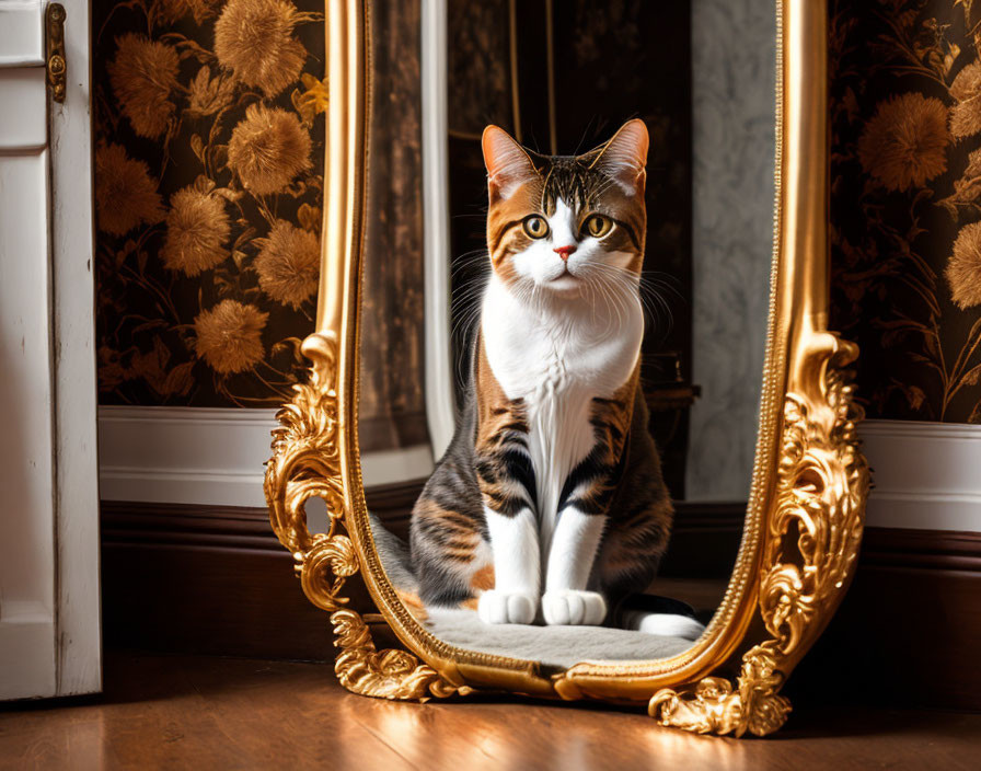 Striped cat in front of ornate gold mirror with floral wallpaper