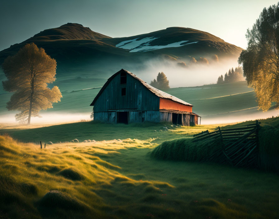 Misty rolling hill landscape with rustic barn & sunlight filtering through trees