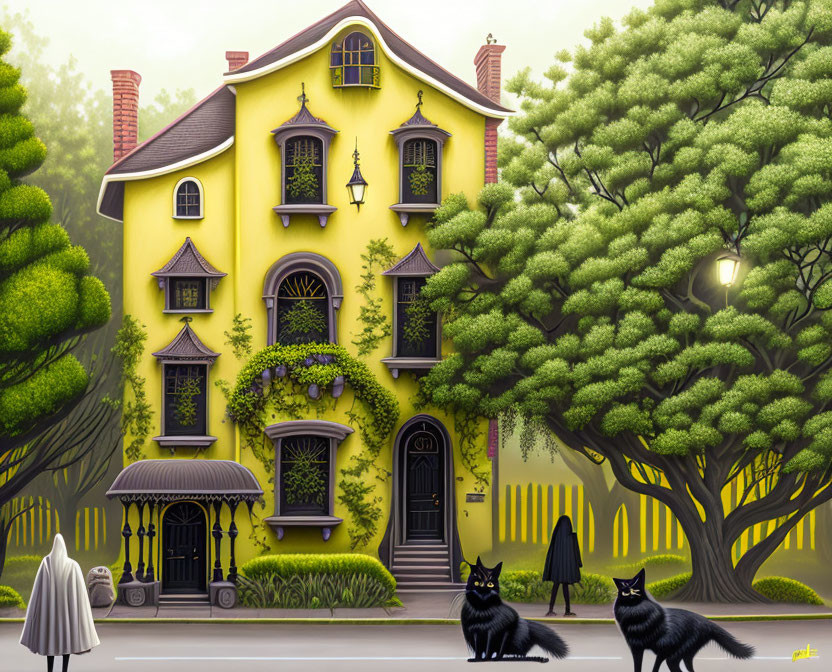 Yellow Victorian House with Green Tree, Cats, and Cloaked Figure