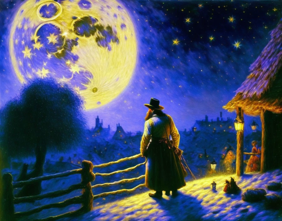 Person in hat gazes at night sky over quaint village with moon and stars