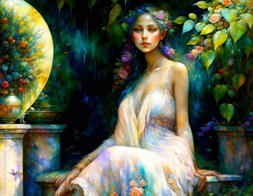 Ethereal artwork of woman by glowing moon and lush greenery