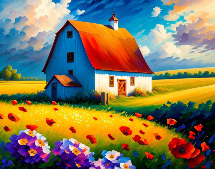 Colorful painting of blue barn in flower field under dynamic sky