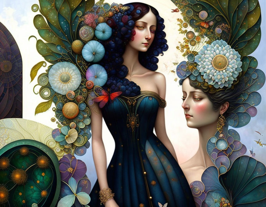 Stylized women in floral headpieces and elegant gowns against celestial backdrop