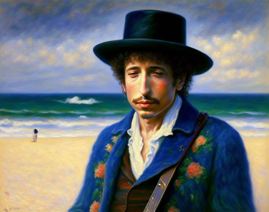 Portrait of person with curly hair in top hat & blue jacket with flowers, on beach with sea.