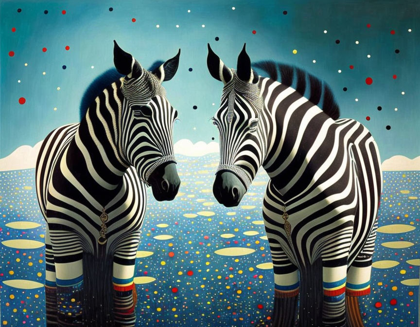 Colorful Stylized Zebras on Whimsical Blue Background