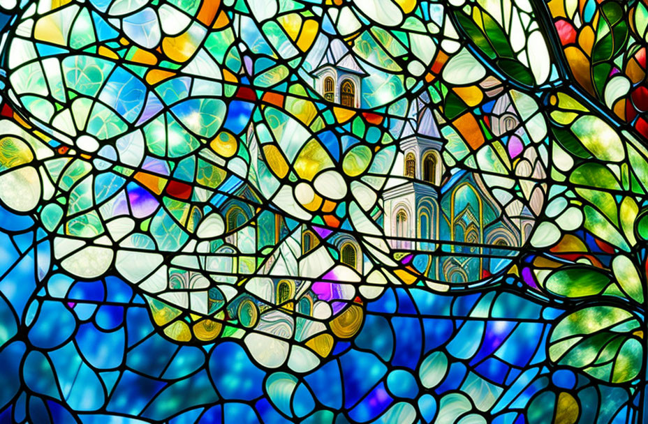 Colorful Stained Glass Window with Landscape and Church Spires