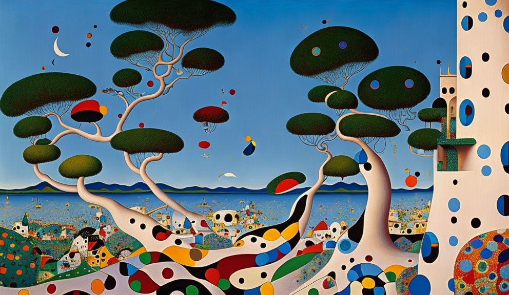 Colorful Surrealist Landscape with Spotted Trees and Celestial Sky