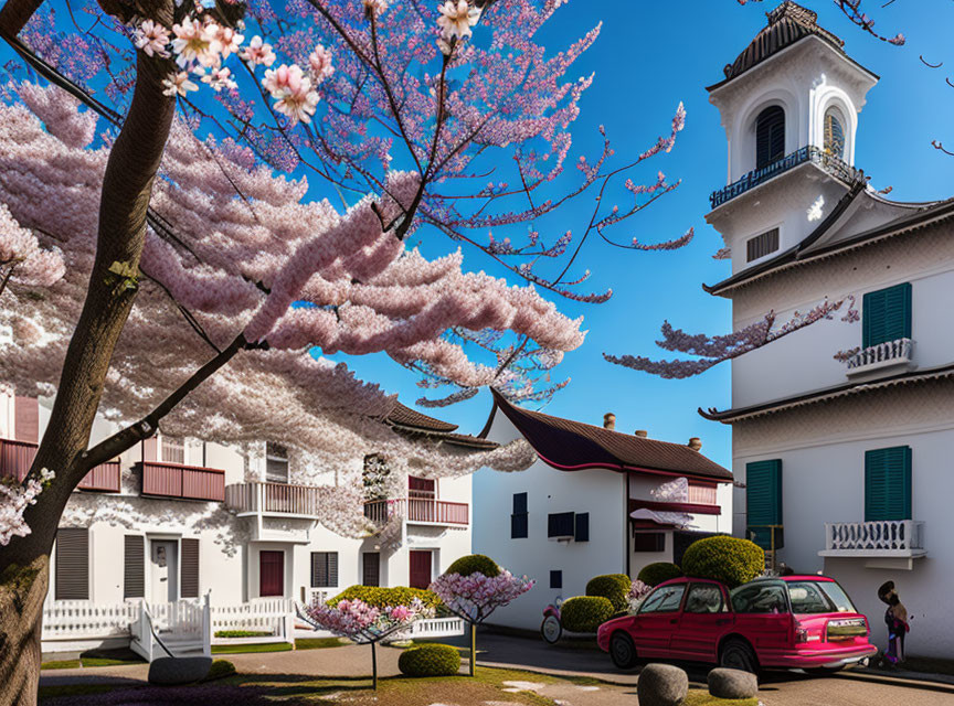 Cherry Blossom Street Scene with White Buildings and Red Car