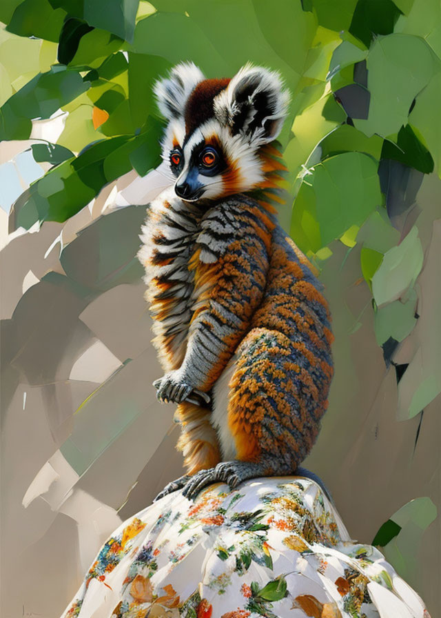 Colorful Lemur Painting on Patterned Sphere with Green Foliage