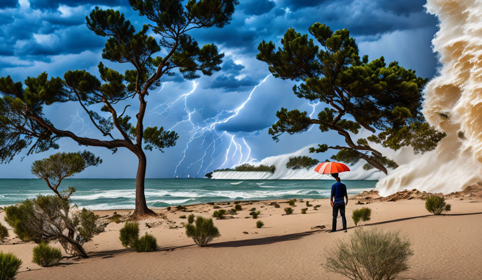 Person with umbrella on beach observes sunny shoreline and approaching storm with lightning.