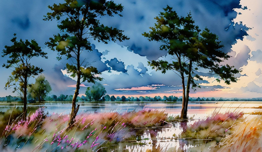 Tranquil Watercolor Landscape with Trees, Lake, Flowers, and Sunset Sky
