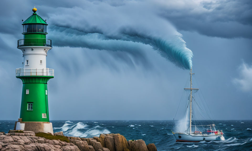 Dramatic green and white lighthouse by rocky shore with sailboat in rough seas under funnel-shaped