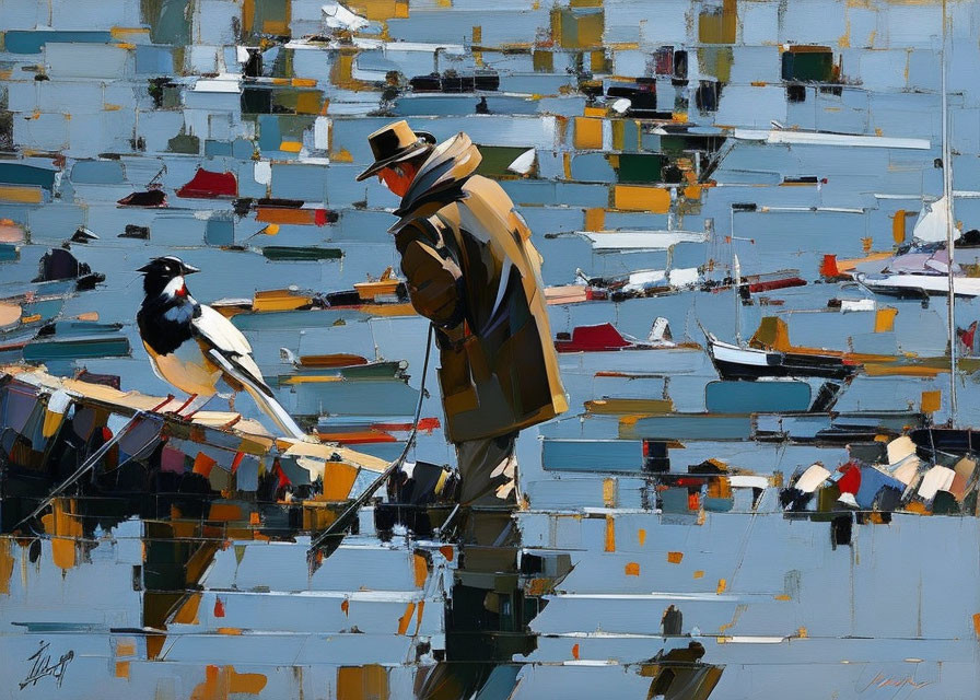 Man in trench coat and hat with bird on pier; colorful abstract brush strokes depict reflective water.