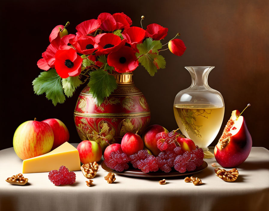 Vibrant red poppies, fruits, and cheese in a still life composition