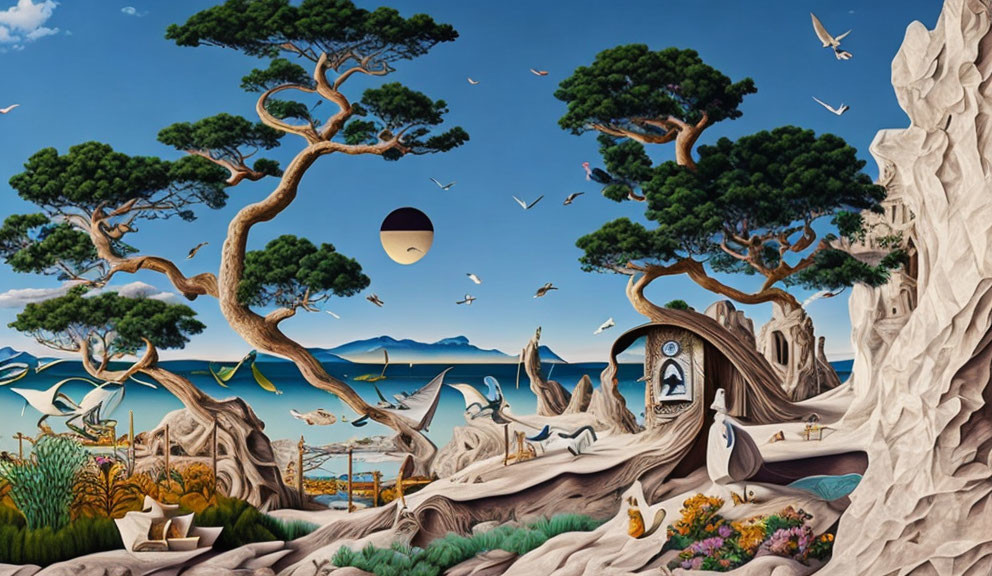 Surreal landscape painting with whimsical trees and eclipsed sun