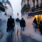 Vintage Attired Figures Walking on Misty Cobblestone Street at Twilight