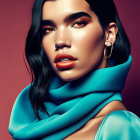 Colorful portrait of a woman with blue scarf in abstract cityscape.