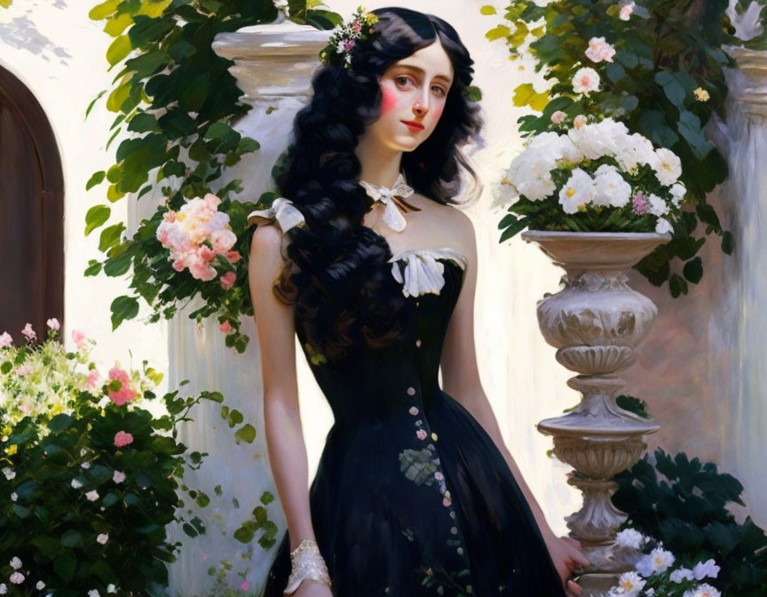 Woman in Black Dress with Floral Accents by Stone Balustrade and Blooming Roses