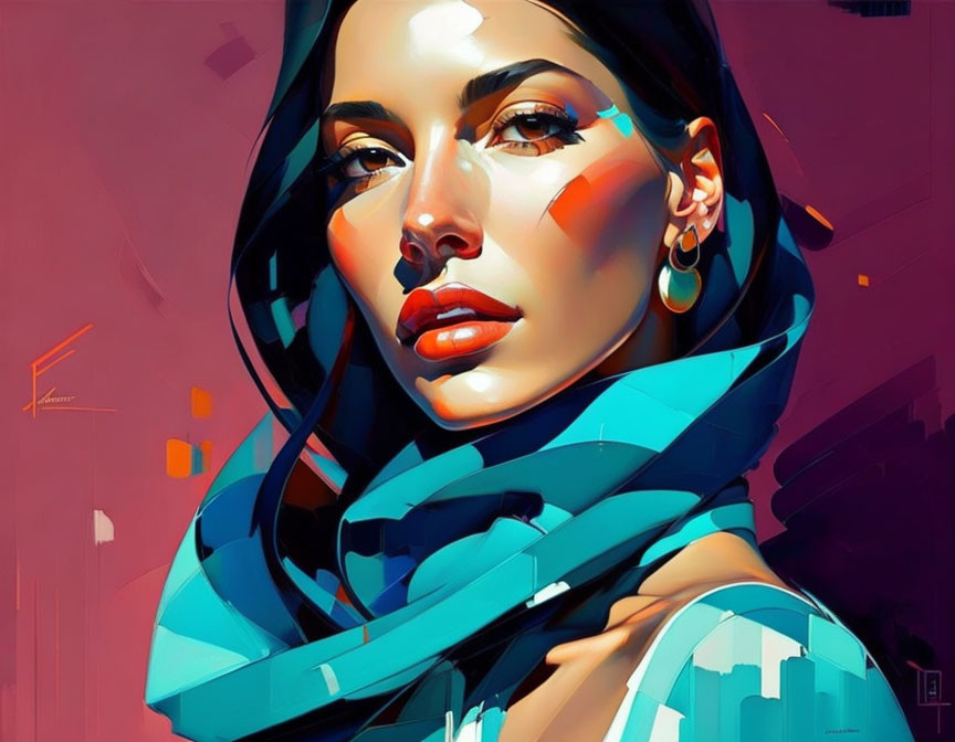 Colorful portrait of a woman with blue scarf in abstract cityscape.