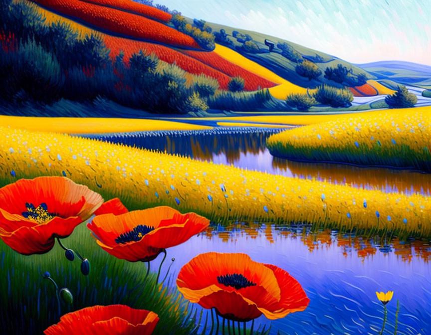 Scenic landscape painting with red poppies, river, rolling hills, and blue sky